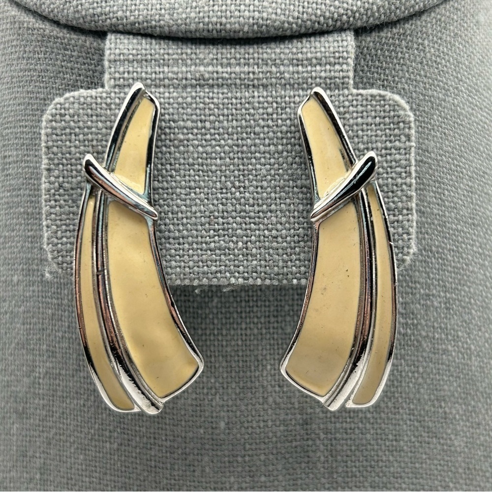 Vintage Trifari Abstract Long White Cream Enamel Stud Statement Earrings